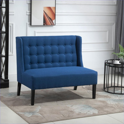 Causeuse d'intérieur 2 places compacte contemporaine capitonnée en lin capitonné bleu riche avec pieds en bois robuste pour des espaces limités