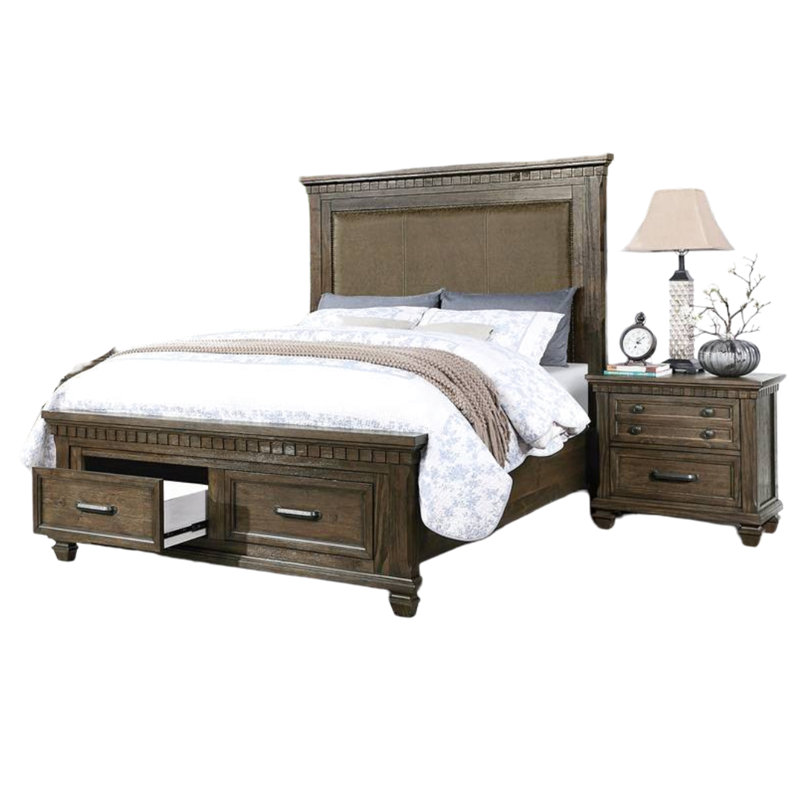 Brown Finish Traditional Queen Bed With Upholstered Headboard And Drawers, Bedroom Luxury Size Wood Sturdiness