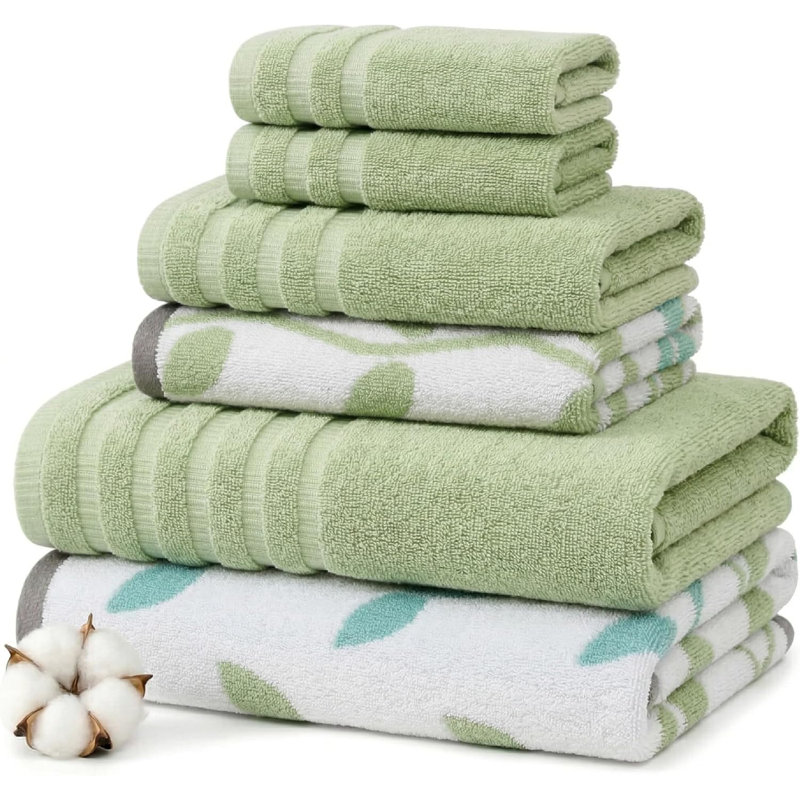 Ensemble de serviettes 6 pièces 100% coton Organic Vines - jacquard teint en fil et uni - comprend 2 serviettes de bain, 2 serviettes à main, 2 débarbouillettes - absorbant, à séchage rapide, doux et durable - vert sauge