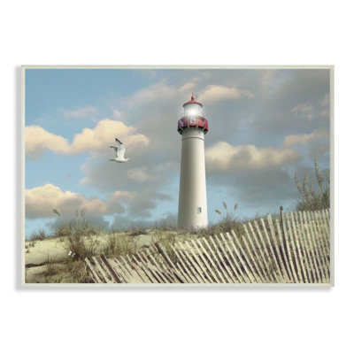 Reproduction de photo «Cape May Sand Dune Fence Lighthouse Beach Scene with Seagull»