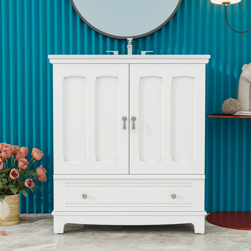 Meuble-lavabo de salle de bain avec lavabo, tablette et tiroir en céramique, Bleu