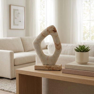 Statue abstraite géométrique en forme de boucle de pierre pour la décoration intérieure - Accent sculptural naturel pour la décoration de salon ou d'étagère - 11 po, brun et blanc
