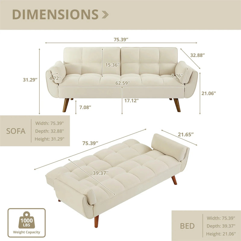 Canapé-lit à futon capitonné Esung, Velours crème