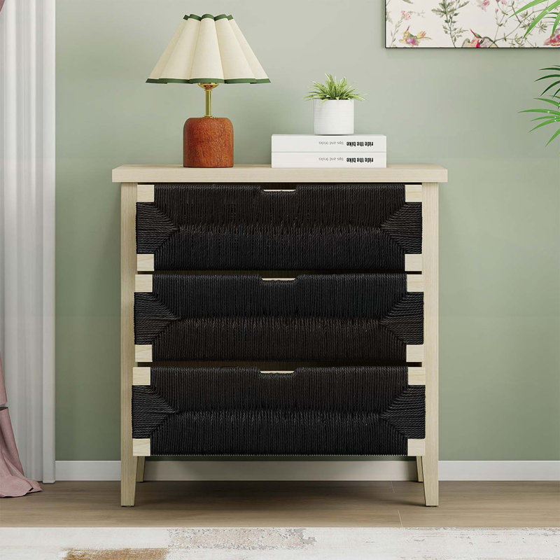 Buffet 3 tiroirs avec tablettes réglables, armoire de rangement avec tiroirs décoratifs en corde tissée à la main pour le salon