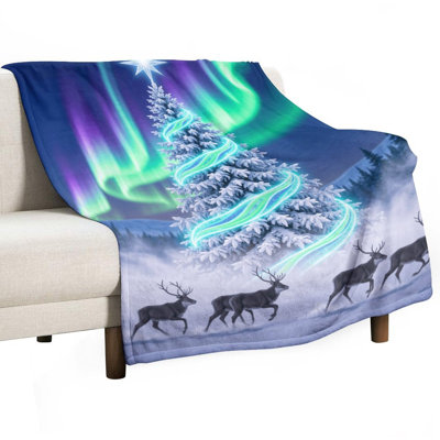 Arbre de Noël brillant avec aurore et jeté en flanelle de luxe, couverture douce et chaude pour le canapé du salon