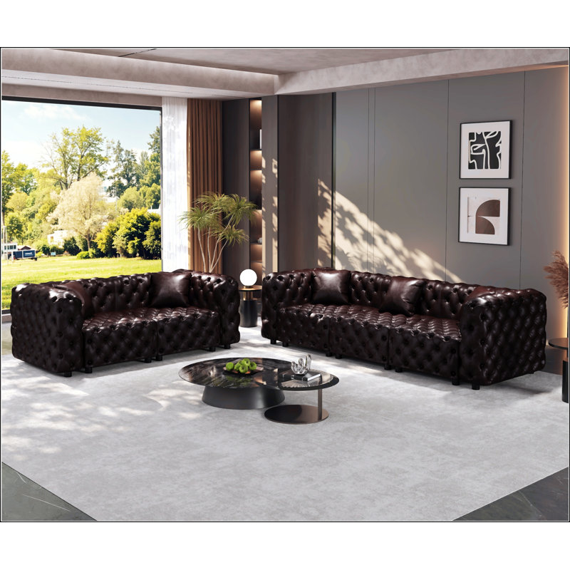 Canapé modulaire moderne en similicuir 5 places avec capitonnage à boutons fait à la main et 5 coussins, brun foncé