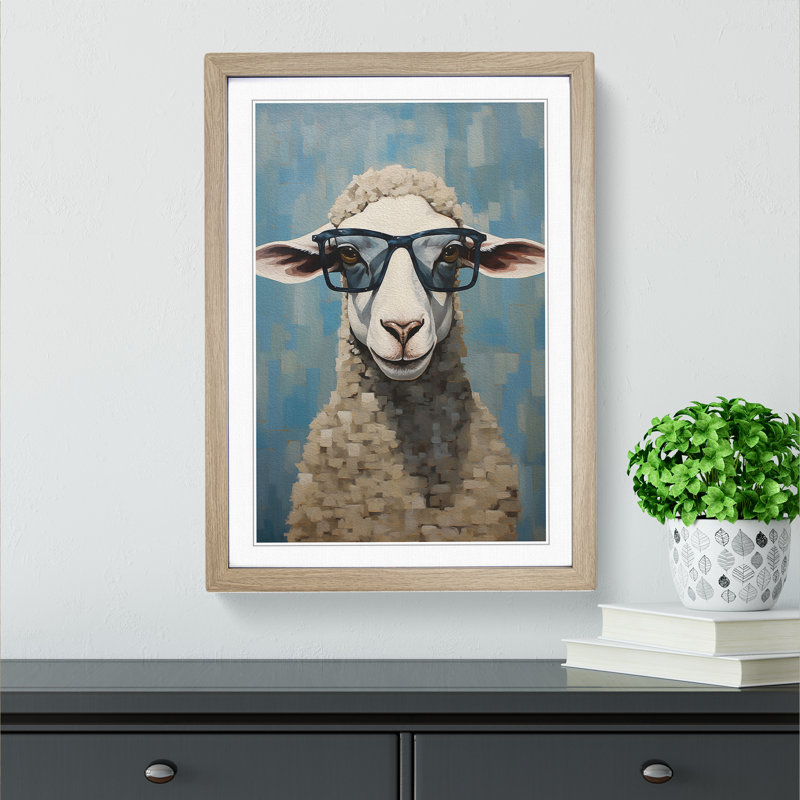 Sheep Modern - Single Picture Frame Print on Wood, Oak, 64cm H x 46cm W x 2cm D