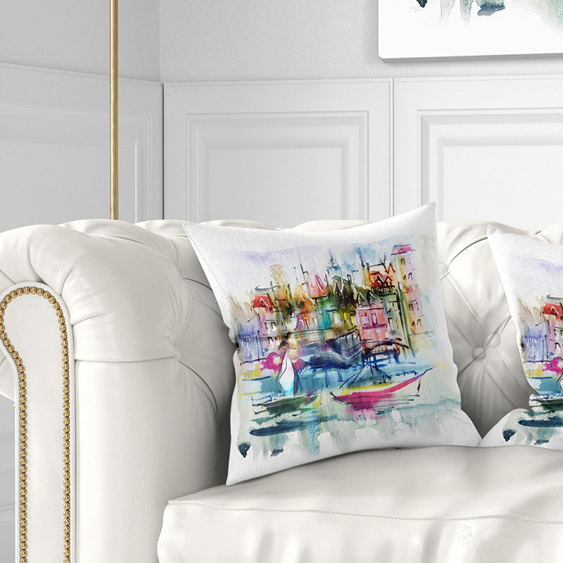 Coussin paysage maisons et bateaux, 16 po x 1 po, Coussin décoratif
