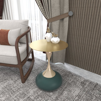 Kalup Gold Round Stainless Steel Side Table with Brushed Finish and Artistic Pedestal Base, Modern End Table for Living Room or Bedroom, No Assembly Required