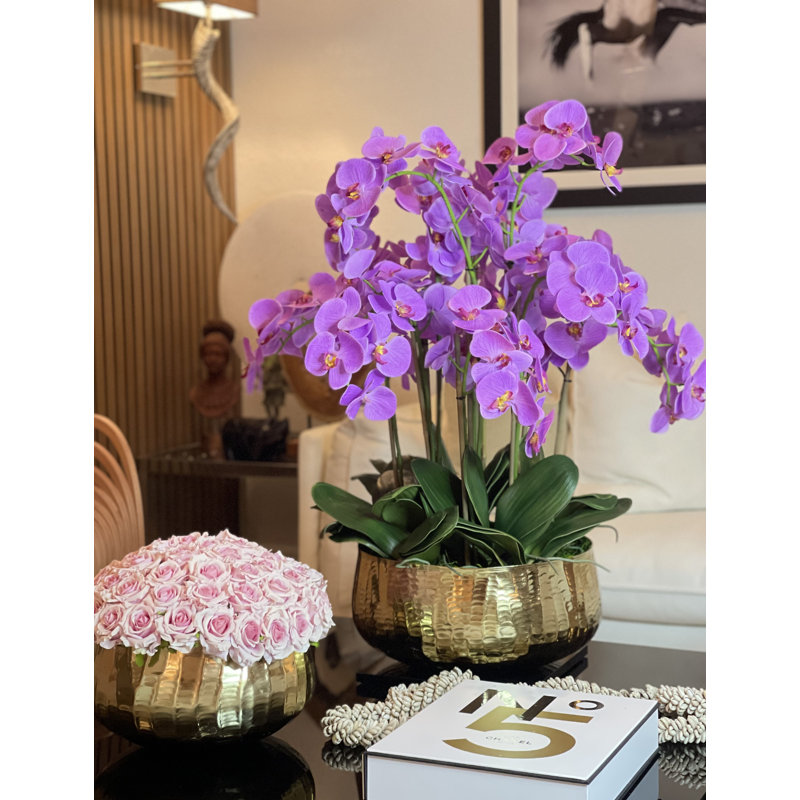 Roberi Gold Bowl With Light Purple Orchids, Light Purple
