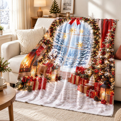 Cozy Christmas Scene Fleece Throw Blanket, Winter Holiday Festive Decorative Plush Bed Blanket for Sofa Couch Bedroom Living Room Home Decor