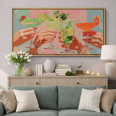 Vibrant Cocktail Party Artwork, Summer Drink Celebration Pictures, Framed Canvas Giclee Print Wall Art