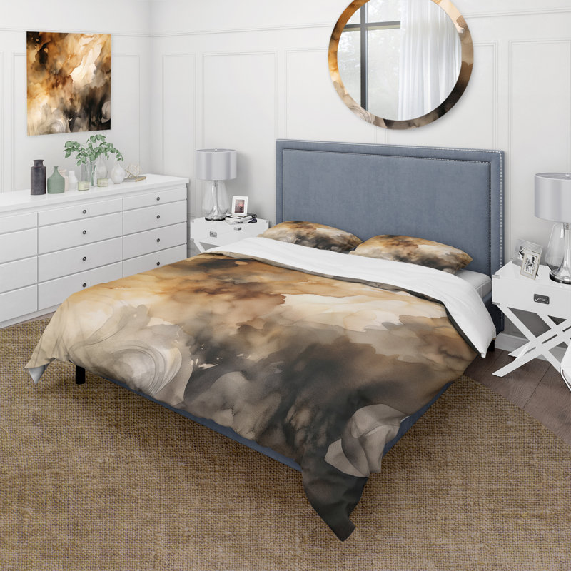 Ensemble de housse de couette à motif abstrait brun et crème, Housse de couette pour grand lit et 2 taies décor