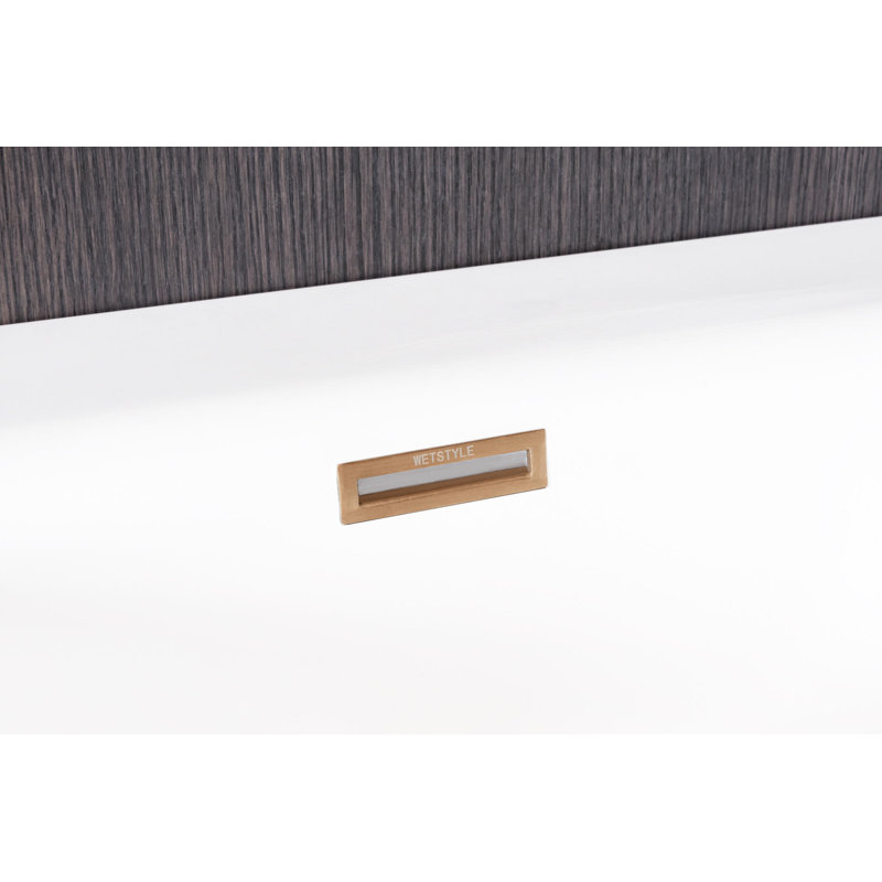 Cube 60" Right Centered Vessel Sink Top, High Gloss White, Satin Brass, Three Holes