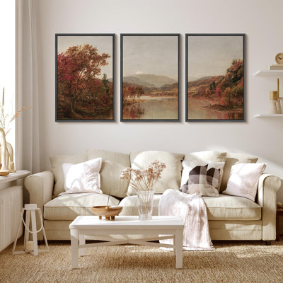 «Autumnal Serenity Fall Foliage And Mountain Lake Nature Wilderness Illustration Decor», 3 pièces sur toile