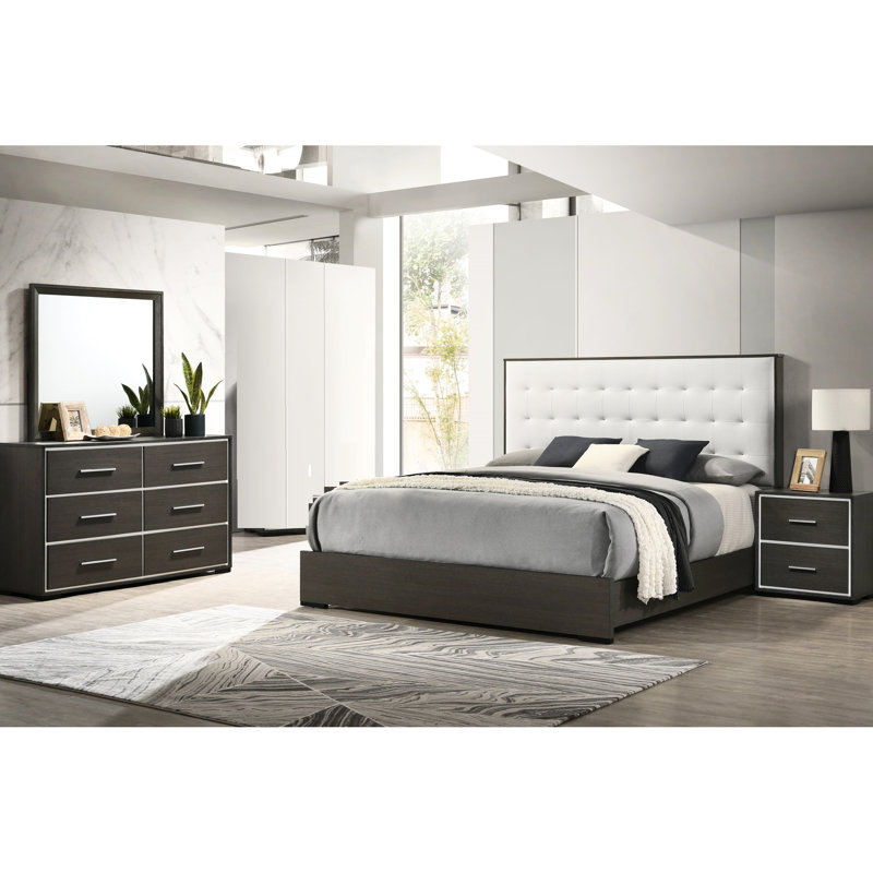 Grand lit à panneau tapissier contemporain avec tête de lit, tête de lit tendance gris et beige, Grand lit