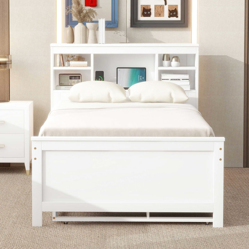 Lit plateforme avec tête de lit, USB, lit gigogne et 3 tiroirs, Blanc