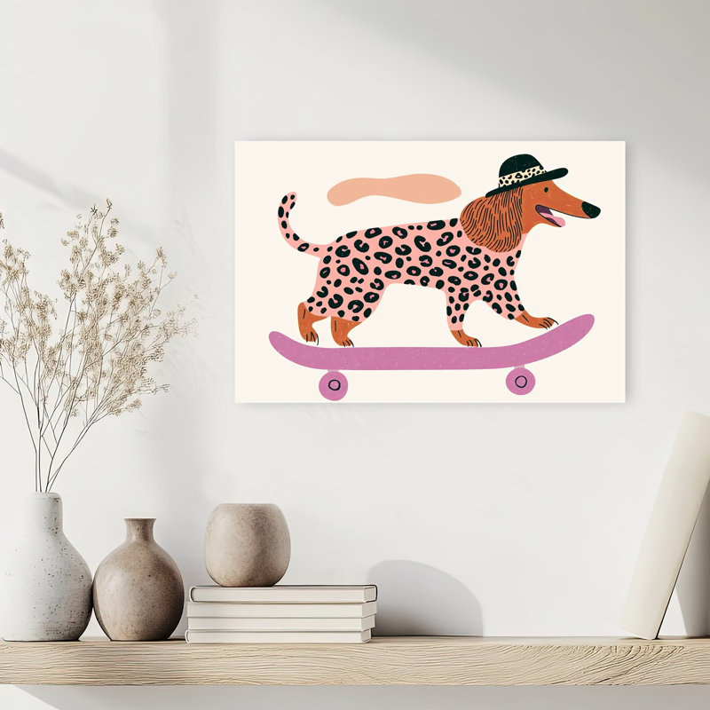 Cool Dog On Skateboard Modern Playful Contemporary Dog Wall Art Print by Mathieu - Wrapped Canvas Print