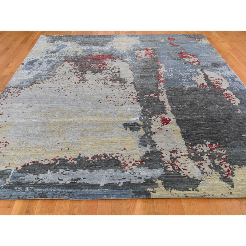 Tapis unique noué à la main bleu / gris 8 pi x 10 pi 1 po