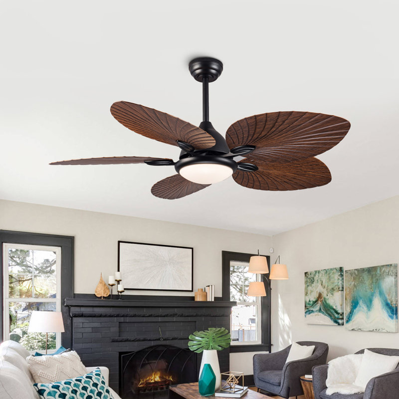 Ventilateur de plafond 52 "à feuilles de palmier tropical avec lumière, application et télécommande, moteur à courant continu réversible à 6 vitesses, DEL à intensité variable 3CCT, compatible intérieur / extérieur