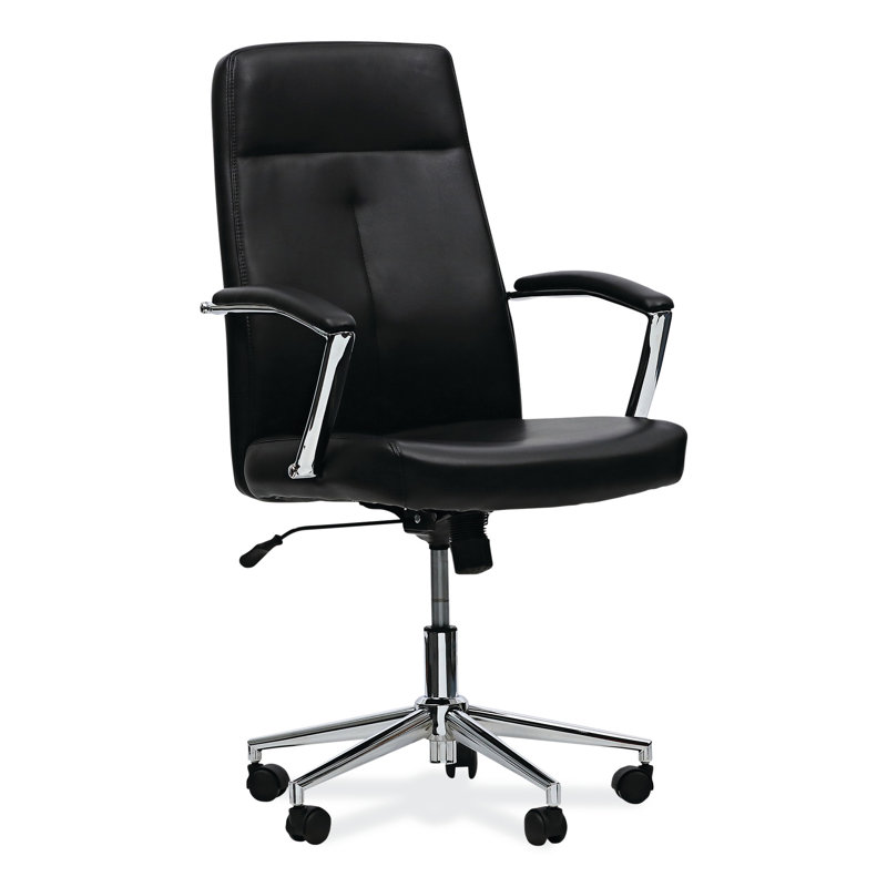 Black Leather Task Chair with Chrome Base and Fixed Arms