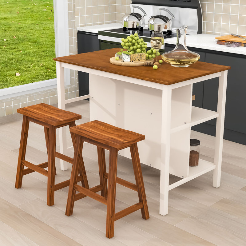 3-Piece Stationary Kitchen Island Set with 2 Stools, Rubber Wood Top Dining Table Set with 2 Shelves, Cream White