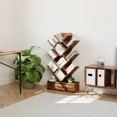 Rustic 7-Tier Tree Bookshelf with LED Lights & Fabric Drawer – Industrial Vertical Bookcase for Office, Living Room, Bedroom