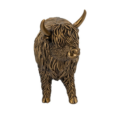 Rich Bronze Tone Polyresin Scottish Highland Cow Figurine Intricate Textured Farm Animal Sculpture for Tabletop Mantel and Bookshelf Decor