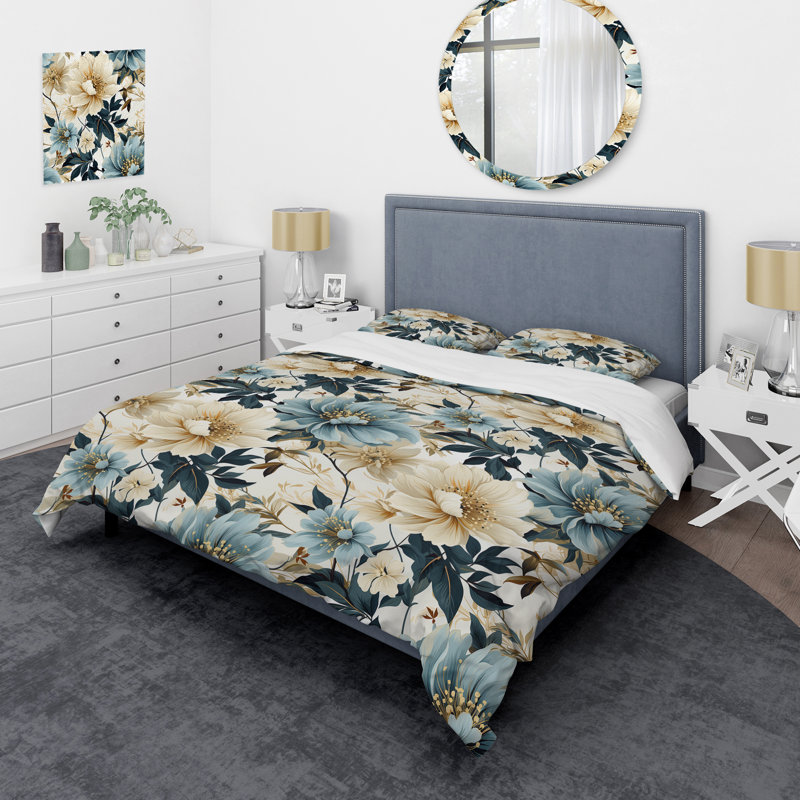 Ensemble de housse de couette Sandy Beige et bleu Hydrangea Tranquility - Floral