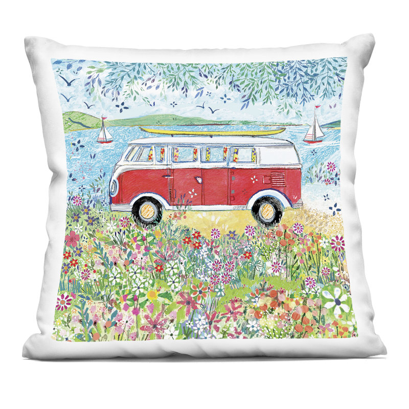 Red Campervan Ready For Surf Decorative Printed Throw Pillow, design by Clare Tupper, Square 18"H