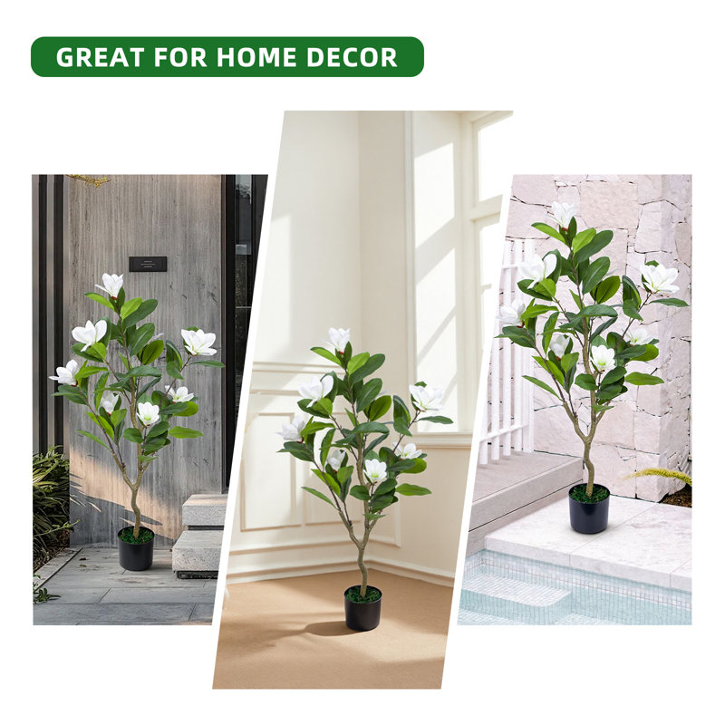 2 Pack Artificial Magnolia Tree,3.7 ft Tall Faux Magnolia Plant with Realistic Leaves and Blooms,Potted Fake Floral Tree for Living Room/Office/Porch Decor