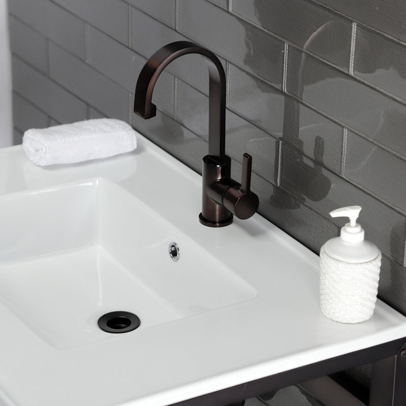 Kingston Brass Quadras 31-Inch Ceramic Console Sink with Steel Base and Shelf, White/Oil Rubbed Bronze, Single