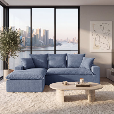 92.5“ L-Shaped Modular Sectional Couch Chenille Compression Sofa with Pocket Spring, 2 Pieces Modern Deep Seat Sofa, Upholstered Couches for Living Room, Blue