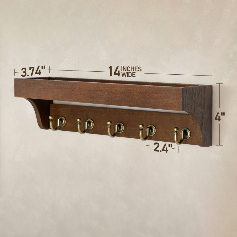 Solid Wood Wall Organizer with Key Hooks, Retro Brown