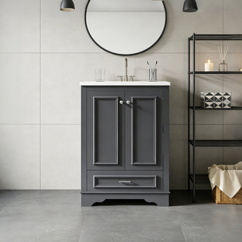 Meuble-lavabo autoportant 24 po avec lavabo en céramique moderne 24 po, Gris, Argent argent