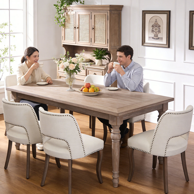 Modern Farmhouse Dining Chairs Set of 6, Solid Wood Upholstered Kitchen Chairs with Curved Backrest & Hollow-Out Design, Comfortable Fabric Seats for Dining Room, Kitchen, Breakfast Nook