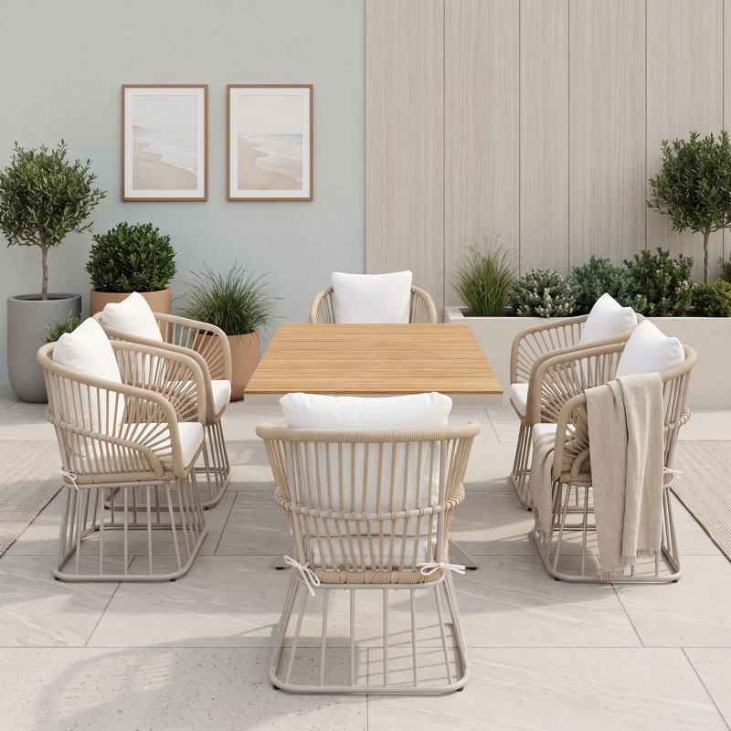 Ensemble repas d'extérieur 7 pièces avec table rectangulaire, 6 fauteuils rembourrés, meubles de patio à structure en acier