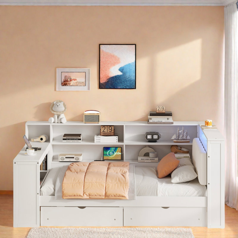 Wood Daybed With Storage Shelves, 2 Drawers, Charging Station, Led, Desk And Upholstered Headboard, Twin, White/Beige