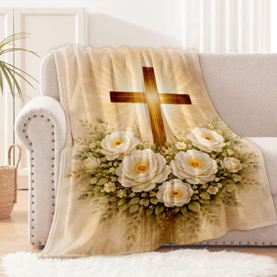 Jeté en flanelle à motif floral Christian Cross, 60 po x 50 po, jeté décoratif doux et chaleureux avec croix en bois et fleur blanche, cadeaux pour femmes amants Chrétien, canapé-lit, salon, chambre à coucher