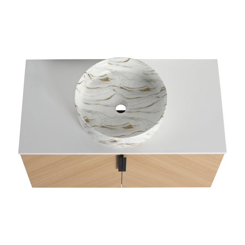 Meuble-lavabo 36 po avec lavabo d'art en céramique et dalle de pierre artificielle, porte à fermeture en douceur, 36