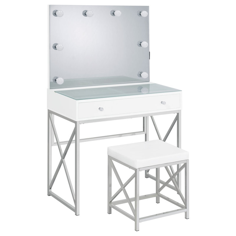 Ensemble coiffeuse Eliza avec éclairage et tabouret blanc et chrome