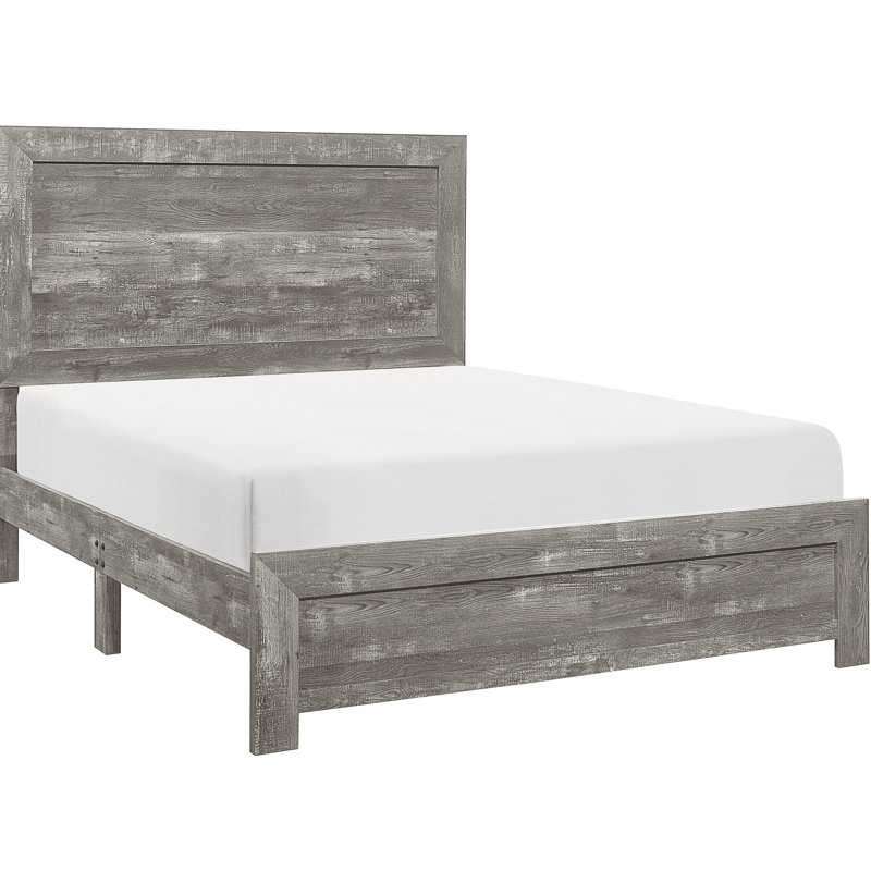 Grand lit moderne rustique gris avec tête de lit en bois d'ingénierie, faux placage et rails, Grand lit, Gris