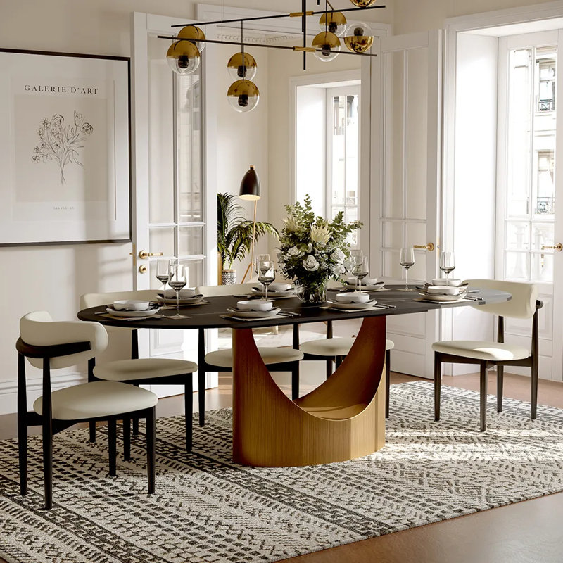 9 Pieces Dining Room Sets, Pre-Assembly Oval Dining Table Sets, Sintered Stone Tabletop Kitchen Dining Table Set With Upholstered Chairs