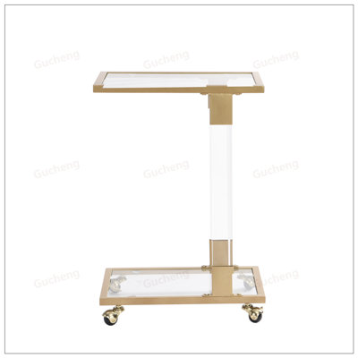 Golden Side Table, Acrylic Sofa Table, Glass Top C Shape Table with Metal Base for Living Room, Bedroom, Balcony Home and Office