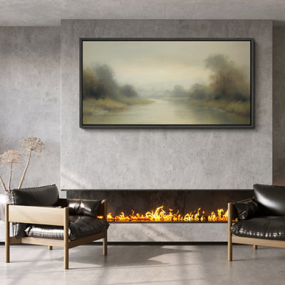Foggy River Landscape Framed Canvas Wall Art - Tranquil Nature Scene in Soft Neutrals for Bedroom or Study