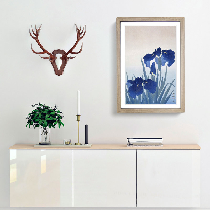 Blue Iris Flowers by Ohara Koson - Picture Frame Painting Print, 36cm H x 27cm W x 2cm D, Oak Framed