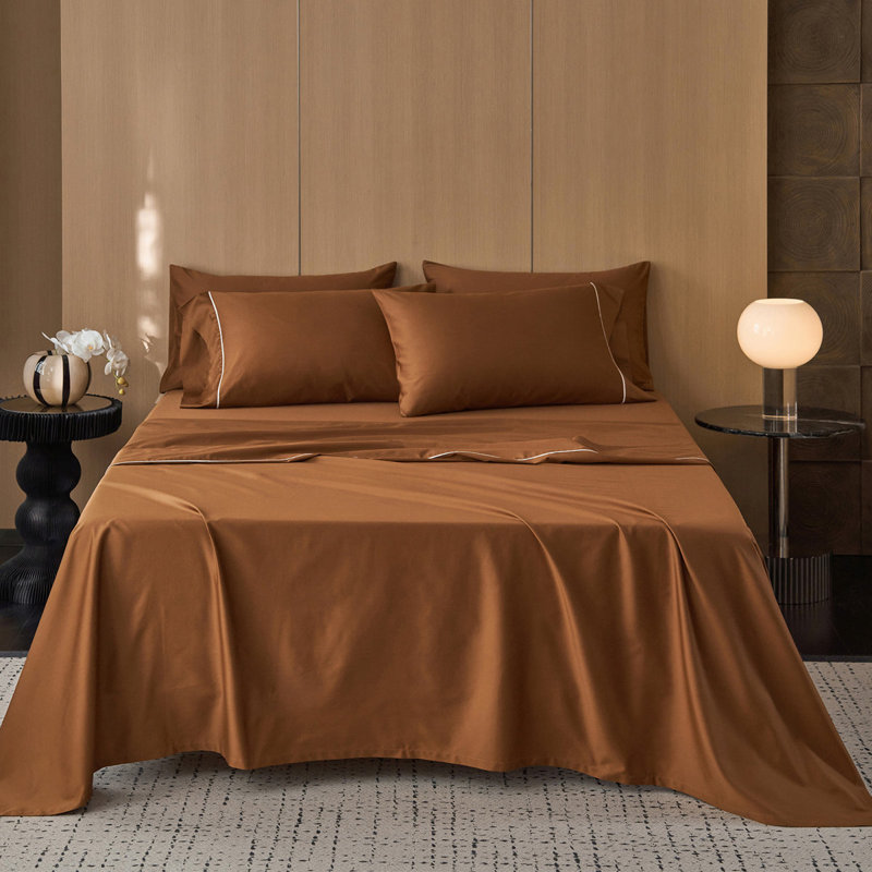 Ensemble de draps 100% coton satiné MooMee, Ensemble de draps pour grand lit avec deux taies d, Orange foncé