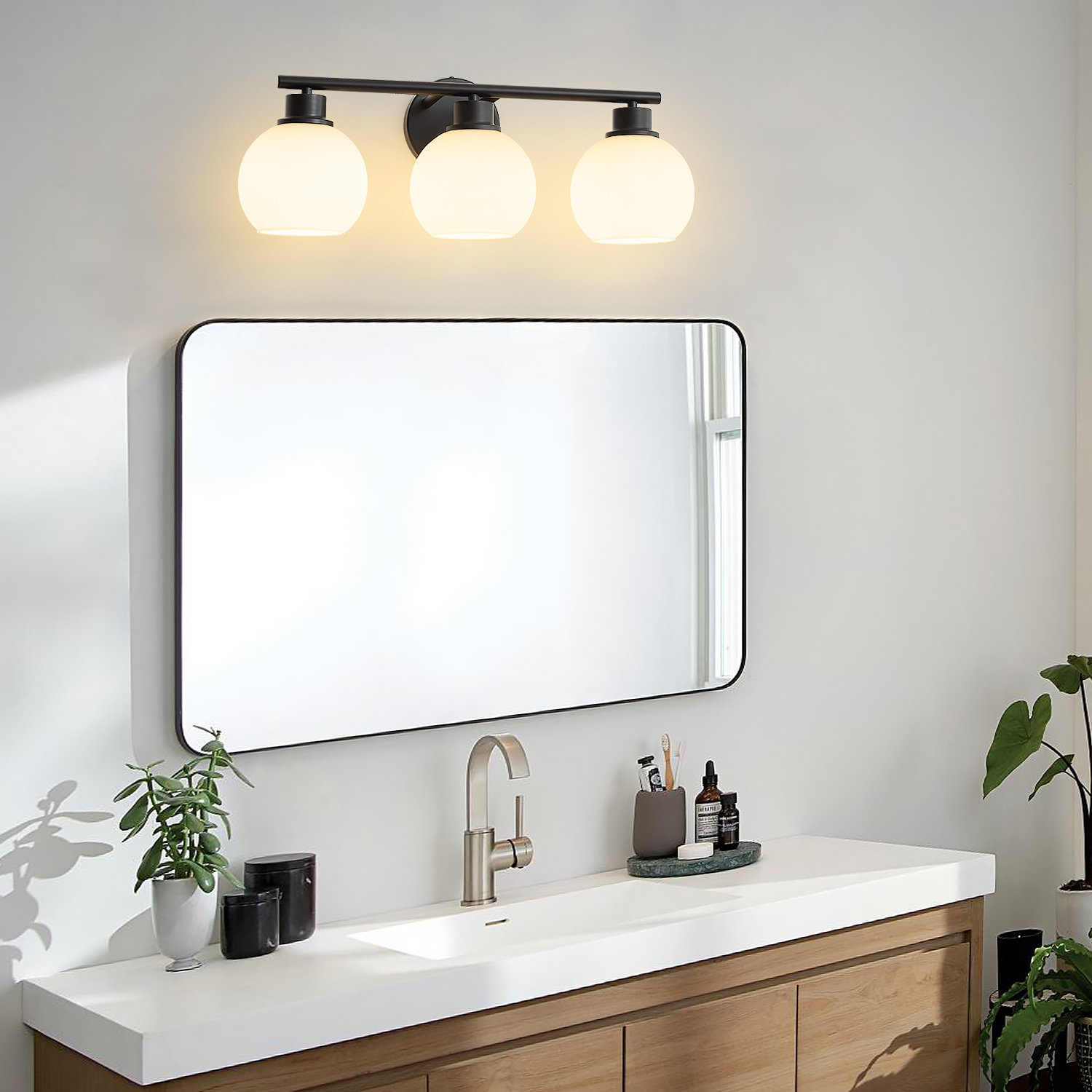 Ebern Designs Modern 3-light Bathroom Vanity Lighting With Opal Globe ...