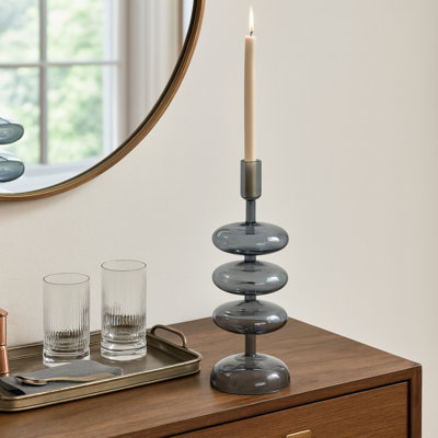 Modern Candle Holder with Glass Cylindrical Design – Elegant Tabletop Candle Holder for Dining Table, Shelf Decor, Entryway, Mantel, Console, Bookcase, Sideboard, Coffee Table, Bedroom, and Living Room Styling – Blue