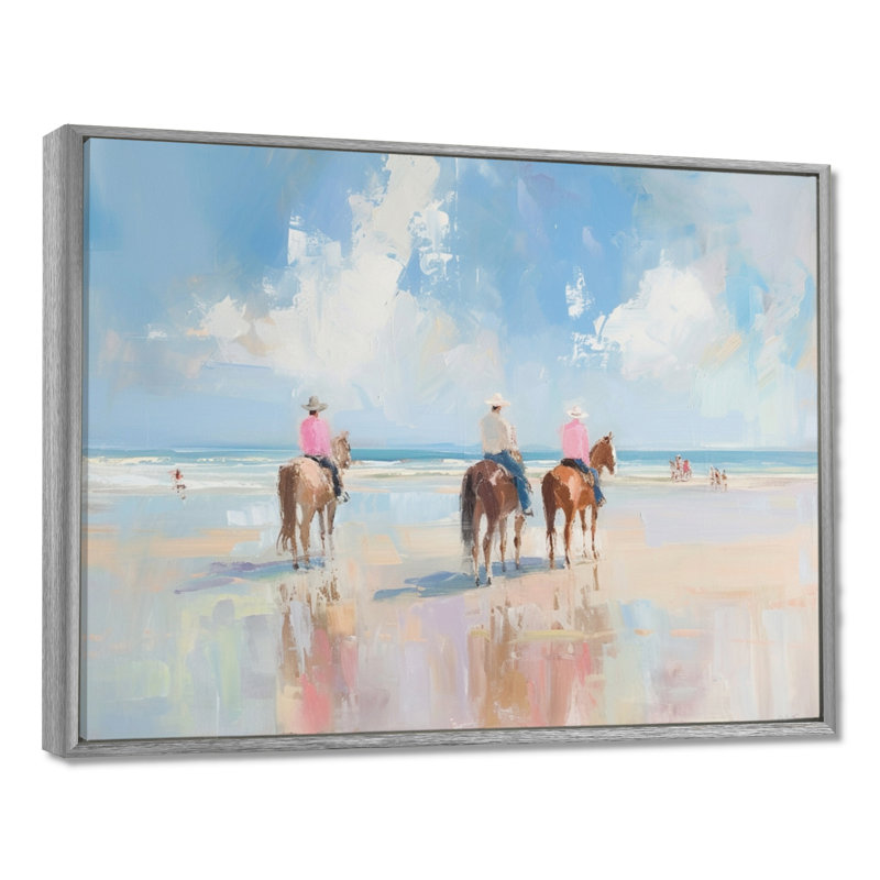 Surfside Beach, Texas Cowboys à cheval - décoration murale de cow-filles, Toile argentée avec cadre flottant